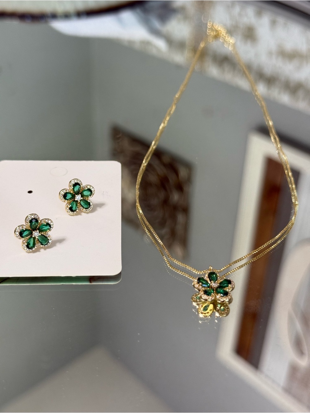 Gold-Tone Green Crystal Flower Necklace with Matching Stud Earrings